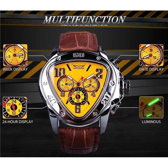 Fashion Mechanical Wrist Watch Triangle Racing Dial, Skeleton Dial, Yellow - Picture 4 of 7